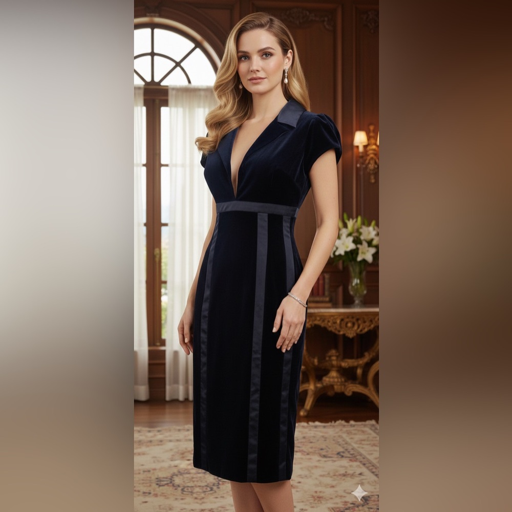 Peggy Jennings ~ Couture ~ Navy Velvet & Silk Dress 💙 Super Cute 💙